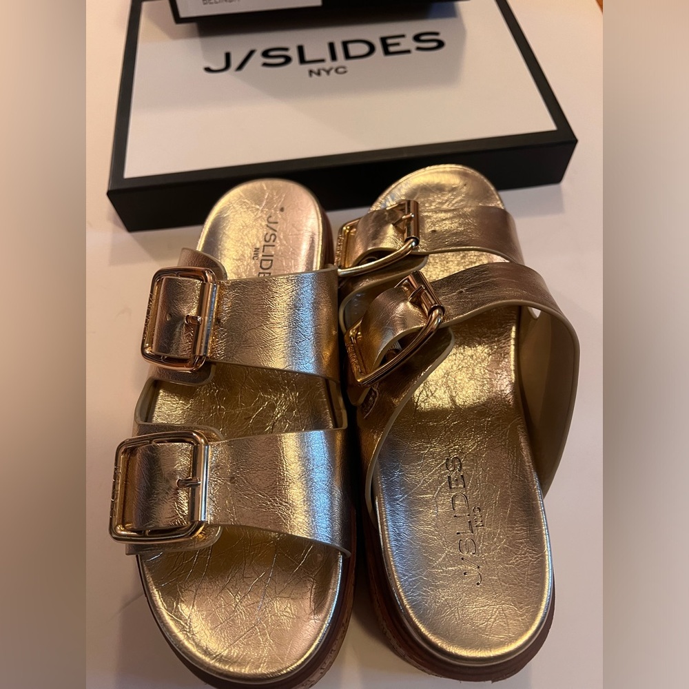 J/slides Women's Gold Belinda Double Buckle Platform Slide Sandals 7.5 W/ Box